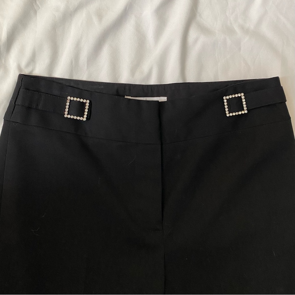 Vintage 90s WHBM Black Flared Trousers with Rhinestone Buckle Details, Size 4/6